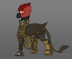 Size: 2200x1800 | Tagged: safe, artist:somber, imported from derpibooru, oc, oc only, griffon, armor, dead space, female, griffon oc, solo