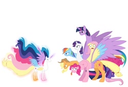 Size: 640x439 | Tagged: safe, artist:veryinsecureperson, imported from derpibooru, applejack, fluttershy, pinkie pie, rainbow dash, rarity, twilight sparkle, alicorn, hydra, hydra pony, pegasus, pony, seraph, seraphicorn, unicorn, appleflaritwidashpie, applejack's hat, colored wings, cowboy hat, ethereal mane, female, folded wings, freckles, fused, fusion, fusion:applejack, fusion:fluttershy, fusion:pinkie pie, fusion:rainbow dash, fusion:rarity, fusion:twilight sparkle, glowing, glowing hooves, glowing horn, glowing mane, hat, horn, mane six, multicolored wings, multiple heads, multiple wings, open mouth, simple background, six heads, spread wings, tongue out, wat, what has magic done, what has science done, white background, wings