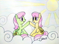 Size: 4032x3016 | Tagged: safe, artist:jakusi, merry may, sunny rays, pegasus, pony, background pony, cloud, duo, duo female, female, happy, hoofbump, mare, signature, sitting, sun, traditional art