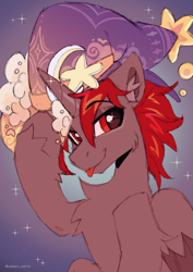 Size: 2480x3508 | Tagged: safe, artist:kotya, imported from derpibooru, oc, oc only, oc:hardy, alicorn, pony, hat, male, red eyes, red mane, solo, stallion, tongue out