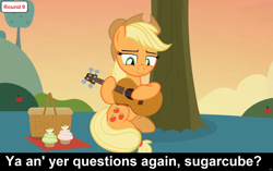 Size: 1920x1209 | Tagged: safe, artist:agrol, edit, imported from derpibooru, applejack, earth pony, pony, comic:celestia's servant interview, accent, applejack's hat, basket, caption, content, cowboy hat, cs captions, cupcake, cute, detailed background, female, food, guitar, hat, image macro, interview, it was a good day, looking down, mare, most sweet apple, musical instrument, picnic basket, picnic blanket, playing instrument, sitting, smiling, solo, sunset, text