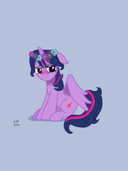 Size: 827x1104 | Tagged: safe, artist:funnypancake, imported from derpibooru, twilight sparkle, alicorn, pony, flower, flower in hair, sad, simple background, solo