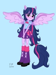 Size: 1620x2160 | Tagged: safe, artist:funnypancake, imported from derpibooru, twilight sparkle, human, equestria girls, boots, clothes, high heel boots, ponied up, shirt, shoes, simple background, skirt, solo