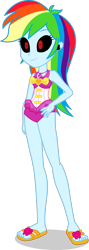 Size: 642x1799 | Tagged: safe, artist:kingdom-of-rp, edit, imported from derpibooru, rainbow dash, spider, equestria girls, clothes, equestria girls specials, grin, hand on hip, hypno eyes, my little pony equestria girls: forgotten friendship, one-piece swimsuit, pinkie pie swimsuit, sandals, sleeveless, smiling, swimsuit, swimsuit swap