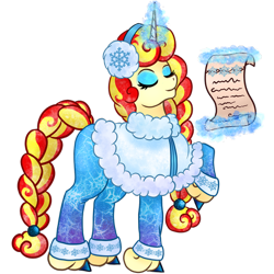 Size: 450x450 | Tagged: safe, artist:mesuyoru, imported from derpibooru, oc, oc only, oc:miss libussa, pony, unicorn, ambassador, blue eyeshadow, blue hooves, braid, braided tail, clothes, czequestria, czequestria 202x, earmuffs, eyes closed, eyeshadow, female, female oc, horn, levitation, magic, makeup, mare oc, pony oc, raised hoof, scroll, simple background, solo, tail, telekinesis, transparent background, unicorn oc, winter outfit