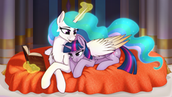 Size: 7180x4040 | Tagged: safe, artist:dacaoo, imported from derpibooru, princess celestia, twilight sparkle, alicorn, pony, absurd resolution, castle, chest fluff, colored wings, crossed legs, glowing, glowing mane, glowing tail, hug, leg fluff, lidded eyes, looking at someone, lying down, magic, missing accessory, momlestia, open mouth, open smile, photo album, prone, smiling, tail, telekinesis, twilight sparkle (alicorn), widescreen, wing blanket, winghug, wings