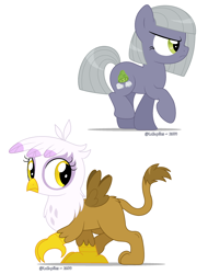 Size: 1880x2472 | Tagged: safe, artist:lullapiies, imported from twibooru, gilda, limestone pie, griffon, pony, chickub, chickub gilda, cute, filly limestone pie, gildadorable, image, li'l gilda, limabetes, looking back, png, scrunchy face, simple background, walking, white background, younger