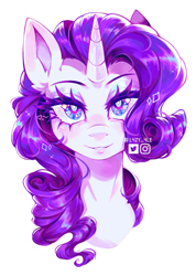 Size: 1244x1747 | Tagged: safe, artist:lazy-ale, imported from derpibooru, rarity, pony, unicorn, bust, eyeshadow, female, horn, looking at you, makeup, mare, simple background, smiling, smiling at you, solo, watermark, white background