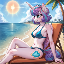 Size: 2400x2400 | Tagged: safe, imported from derpibooru, princess flurry heart, alicorn, anthro, series:flurry-slut, ai content, ai generated, beach, beach chair, bikini, bush, chair, clothes, cloud, generator:pony diffusion v6 xl, generator:stable diffusion, horn, looking forward, ocean, older, older flurry heart, palm tree, prompter:infernum, sitting, sky, solo, sun, swimsuit, tree, water, wings