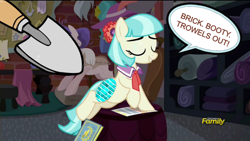 Size: 1280x720 | Tagged: safe, edit, imported from derpibooru, screencap, coco pommel, earth pony, made in manehattan, brick, brick booty, discovery family, discovery family logo, fetish, logo, solo, speech bubble, trowel