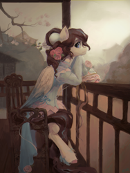 Size: 3785x5042 | Tagged: safe, artist:rvsd, imported from derpibooru, oc, oc only, pegasus, pony, absurd file size, absurd resolution, chair, cherry blossoms, china, clothes, commission, dress, flower, flower blossom, flower in hair, looking at you, pegasus oc, side view, sitting, solo, wings