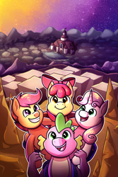 Size: 2000x3000 | Tagged: safe, artist:littletigressda, imported from derpibooru, apple bloom, scootaloo, spike, sweetie belle, dragon, earth pony, pegasus, pony, unicorn, cutie mark crusaders, horn, mushroom kingdom, super mario bros.