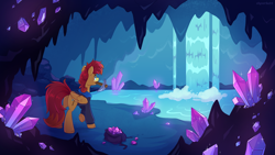 Size: 3840x2160 | Tagged: safe, artist:skysorbett, imported from derpibooru, oc, oc only, oc:cave glider, pegasus, pony, bag, cave, clothes, commission, crystal, folded wings, gem, gem cave, high res, lake, male, mouth hold, outdoors, pickaxe, rock, solo, stallion, water, waterfall, wings