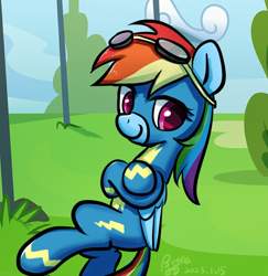 Size: 620x639 | Tagged: safe, artist:brella, artist:brella233, imported from derpibooru, rainbow dash, pegasus, pony, clothes, female, grass, grass field, looking at you, smiling, solo, uniform, wonderbolts uniform