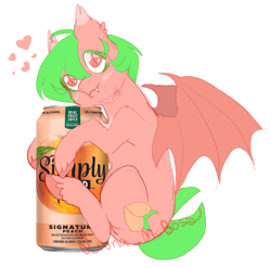 Size: 1824x1803 | Tagged: safe, artist:luna_mcboss, imported from derpibooru, oc, oc only, oc:sploosh, bat, bat pony, fruit bat, pony, alcohol, bat wings, beer, beer can, chest fluff, drink, ear fluff, fangs, feathered fetlocks, female, food, fruit, green mane, heart, peach, pink coat, pink eyes, short mane, short tail, simple background, solo, tail, unshorn fetlocks, white background, wings