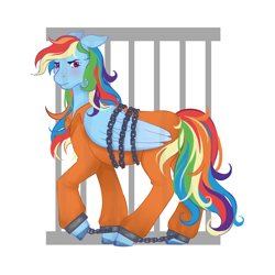 Size: 3500x3500 | Tagged: safe, artist:spell.bound.art, imported from derpibooru, rainbow dash, blushing, clothes, commissioner:rainbowdash69, cuffed, cuffs, never doubt rainbowdash69's involvement, prison outfit, prisoner, prisoner rd, shackles, simple background, solo, white background