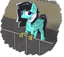 Size: 865x772 | Tagged: safe, artist:harmonicglow, imported from derpibooru, oc, oc only, oc:harmonic glow, hippogriff, blue eyes, chest fluff, female, mare, railing, simple background, talons, transparent background