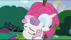 Size: 1440x821 | Tagged: safe, imported from derpibooru, screencap, rarity, sweetie belle, pony, unicorn, forever filly, season 7, cute, diasweetes, duo, eyes closed, eyeshadow, female, flower costume, flowerity, horn, hug, makeup, raribetes, sibling love, siblings, sisterly love, sisters, smiling