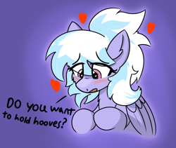 Size: 956x808 | Tagged: safe, artist:harmonicglow, imported from derpibooru, cloudchaser, pegasus, pony, blushing, eye clipping through hair, female, floating heart, folded wings, heart, hooves together, looking away, mare, open mouth, solo, wings