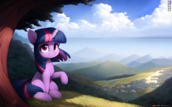 Size: 7168x4480 | Tagged: safe, derpibooru exclusive, edit, imported from derpibooru, prompter:mfg637, twilight sparkle, pony, unicorn, 16:10, ai content, ai generated, detailed background, female, generator:resonance cascade lite, generator:stable cascade, horn, looking at you, mare, outdoors, sitting, solo, tree, under the tree, unicorn twilight, upscaled