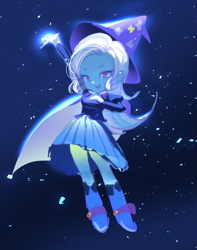 Size: 1101x1396 | Tagged: safe, artist:alba_pura, imported from derpibooru, trixie, human, equestria girls, cape, clothes, female, glowing, hand on breasts, hat, looking at you, open mouth, open smile, raised arm, smiling, smiling at you, solo, trixie's cape, trixie's hat