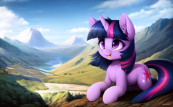 Size: 7168x4480 | Tagged: safe, derpibooru exclusive, imported from derpibooru, prompter:mfg637, twilight sparkle, pony, unicorn, ai content, ai generated, detailed background, female, generator:resonance cascade lite, generator:stable cascade, horn, mare, outdoors, solo, unicorn twilight