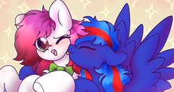 Size: 4134x2205 | Tagged: safe, artist:mariashek, imported from derpibooru, oc, oc:ellie berryheart, oc:redline lightwing, pegasus, pony, abstract background, blue wings, bowtie, cute, duo, female, fluffy, green eyes, hug, licking, necktie, tongue out, wings