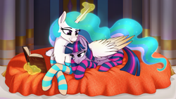 Size: 7180x4040 | Tagged: safe, alternate version, artist:dacaoo, imported from derpibooru, princess celestia, twilight sparkle, alicorn, pony, absurd resolution, castle, chest fluff, clothes, colored wings, crossed legs, duo, duo female, female, glowing, glowing mane, glowing tail, hug, leg fluff, lidded eyes, looking at someone, lying down, magic, missing accessory, momlestia, open mouth, open smile, photo album, prone, smiling, socks, striped socks, tail, telekinesis, twilight sparkle (alicorn), widescreen, wing blanket, winghug, wings