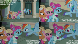 Size: 2000x1125 | Tagged: safe, edit, edited screencap, editor:quoterific, imported from derpibooru, screencap, bleeding heart, blue bobbin, rainbow dash, starke kragen, pony, season 6, the saddle row review, female, mare