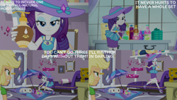 Size: 2000x1125 | Tagged: safe, edit, edited screencap, editor:quoterific, imported from derpibooru, screencap, applejack, rarity, human, camping must-haves, equestria girls, spoiler:eqg series (season 2), duo, duo female, female, hat, lotion, my little pony equestria girls: better together, rarity peplum dress, sun hat, umbrella, window