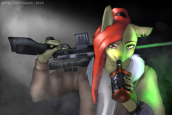 Size: 1920x1280 | Tagged: safe, artist:endelthepegasus, imported from derpibooru, oc, oc only, oc:zeleniy, anthro, fallout equestria, alcohol, clothes, ear piercing, gun, looking at you, male, one ear down, piercing, pipbuck, rifle, smiling, smiling at you, solo, weapon, whiskey