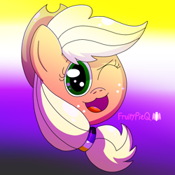 Size: 1000x1000 | Tagged: safe, artist:fruiitypieq, imported from derpibooru, applejack, pony, applejack's hat, cowboy hat, female, hat, head only, looking at you, mare, nonbinary, nonbinary pride flag, one eye closed, open mouth, pride, pride flag, wink, winking at you