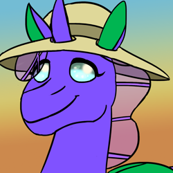 Size: 1200x1200 | Tagged: safe, artist:azurllinate, imported from derpibooru, oc, oc only, oc:ocelia, changedling, changeling, 2024, blue eyes, changeling oc, eyelashes, female, gradient background, hat, horn, icon, looking at you, purple body, purple mane, smiling, smiling at you, solo, sun hat