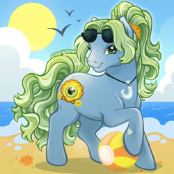 Size: 2400x2400 | Tagged: safe, artist:sparkytopia, imported from derpibooru, august breeze, bangs, beach, beach ball, blue coat, female, freckles, g3, green eyes, green mane, jewel birthday ponies, jewelry, looking at you, mare, necklace, outdoors, ponytail, scrunchie, signature, smiling, solo, sunglasses, sunglasses on head, wingding eyes