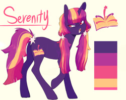 Size: 1006x795 | Tagged: safe, artist:delzol, imported from twibooru, oc, oc only, oc:serenity, pony, unicorn, accessory, annoyed, beige background, color palette, cutie mark, hairpin, image, looking sideways, magical lesbian spawn, needs more jpeg, next generation, offspring, open mouth, parent:tempest shadow, parent:twilight sparkle, parents:tempestlight, pigtails, raised hoof, reference sheet, simple background, solo, three toned mane, twintails