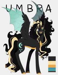 Size: 1024x1317 | Tagged: safe, artist:delzol, imported from twibooru, oc, oc only, oc:umbra, alicorn, changepony, hybrid, pony, color palette, colored hooves, eyepatch, eyeshadow, fangs, female, hybrid oc, hybrid wings, image, interspecies offspring, looking offscreen, magical lesbian spawn, makeup, mare, needs more jpeg, next generation, offspring, open mouth, parent:princess luna, parent:queen chrysalis, parents:chrysaluna, reference, simple background, solo, standing, white background, wings