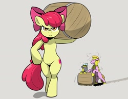 Size: 3034x2356 | Tagged: safe, artist:cyanrobo, imported from derpibooru, apple bloom, earth pony, pony, barrel, bipedal, carrying, female, filly, foal, gray background, male, royal guard, simple background, stallion, struggling