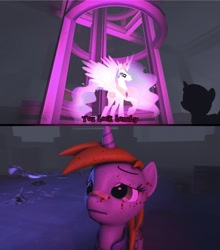 Size: 951x1080 | Tagged: safe, imported from derpibooru, princess celestia, oc, oc:littlepip, pegasus, unicorn, fallout equestria, 3d, blade runner 2049, blood, dialogue, fanfic art, horn, meme, source filmmaker, you look lonely