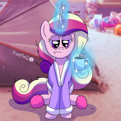 Size: 1000x1000 | Tagged: safe, artist:fruiitypieq, imported from derpibooru, princess cadance, alicorn, pony, bathrobe, clothes, coffee, coffee mug, female, magic, magic aura, mare, mug, robe, solo, telekinesis, tired