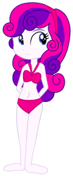 Size: 1472x3534 | Tagged: safe, artist:rosasmitt, imported from derpibooru, sweetie belle, human, equestria girls, alternate eye color, alternate hair color, arm behind back, barefoot, bikini, clothes, cute, diasweetes, feet, simple background, smiling, solo, swimsuit, white background