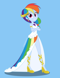 Size: 2350x3058 | Tagged: safe, artist:nightglowfan, imported from derpibooru, rainbow dash, human, equestria girls, blue background, clothes, crossed arms, cute, dashabetes, dress, female, gala dress, grin, high heels, multicolored hair, rainbow dash always dresses in style, rainbow hair, shoes, simple background, slender, smiling, solo, thin