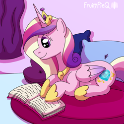 Size: 1000x1000 | Tagged: safe, artist:fruiitypieq, imported from derpibooru, princess cadance, alicorn, pony, book, female, mare, reading, solo