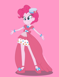 Size: 2350x3058 | Tagged: safe, artist:nightglowfan, imported from derpibooru, pinkie pie, human, equestria girls, clothes, cute, diapinkes, dress, female, gala dress, grin, hat, pink background, shoes, simple background, slender, smiling, solo, thin