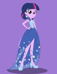 Size: 2350x3058 | Tagged: safe, artist:nightglowfan, imported from derpibooru, twilight sparkle, human, equestria girls, clothes, cute, dress, ear piercing, earring, female, gala dress, hair bun, hand on hip, high heels, jewelry, piercing, purple background, shoes, simple background, slender, smiling, solo, thin, twiabetes