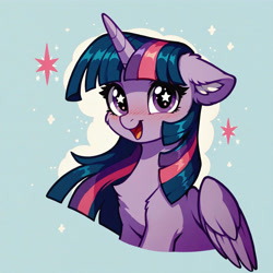 Size: 4608x4608 | Tagged: safe, imported from derpibooru, twilight sparkle, alicorn, ai assisted, ai content, ai generated, chest fluff, ear fluff, generator:civitai, generator:pony diffusion v6 xl, generator:stable diffusion, happy, horn, looking at you, open mouth, prompter:paleluna, simple background, starry background, starry eyes, twilight sparkle (alicorn), wingding eyes, wings