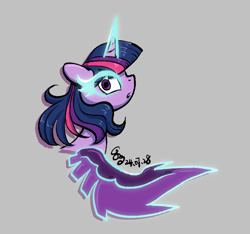 Size: 1313x1229 | Tagged: safe, artist:brella, imported from derpibooru, sci-twi, twilight sparkle, alicorn, pony, equestria girls, aside glance, bust, female, gray background, looking at you, mare, midnight sparkle, ponified, portrait, sideways glance, simple background, solo, text