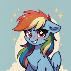 Size: 4608x4608 | Tagged: safe, imported from derpibooru, rainbow dash, pegasus, pony, ai assisted, ai content, ai generated, blushing, chest fluff, ear fluff, female, floppy ears, generator:civitai, generator:pony diffusion v6 xl, generator:stable diffusion, happy, looking at you, mare, prompter:paleluna, smiling, smirk, solo, solo female, starry eyes, teeth, wingding eyes