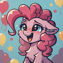 Size: 4608x4608 | Tagged: safe, imported from derpibooru, pinkie pie, earth pony, pony, ai assisted, ai content, ai generated, blushing, bust, chest fluff, close-up, cute, ear fluff, female, generator:civitai, generator:pony diffusion v6 xl, generator:stable diffusion, happy, mare, open mouth, portrait, prompter:paleluna, simple background, smiling, solo, solo female, starry eyes, teeth, wingding eyes