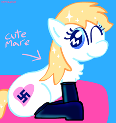 Size: 1280x1350 | Tagged: safe, artist:vaporammy, derpibooru exclusive, imported from derpibooru, oc, oc:aryanne, earth pony, pony, arrow, aryan pony, chest fluff, clothes, female, latex, latex socks, looking at you, mare, nazi, one eye closed, simple background, sitting, socks, sparkles, sparkly mane, swastika, text, wink, winking at you