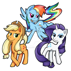 Size: 800x805 | Tagged: safe, artist:zphal, imported from derpibooru, applejack, rainbow dash, rarity, earth pony, pegasus, pony, unicorn, applejack's hat, cowboy hat, deviantart watermark, female, hat, horn, mare, obtrusive watermark, watermark